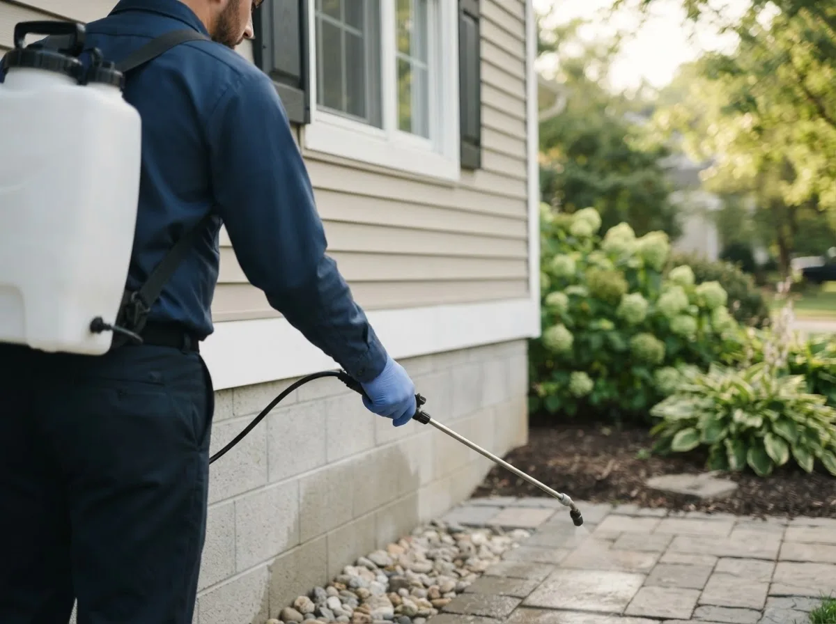Pest control technician inspecting a home in Dunnellon, FL